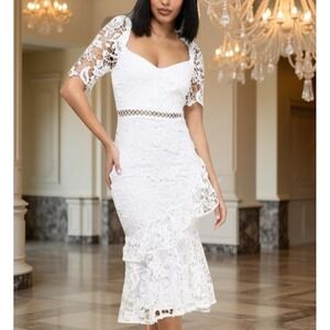 Lulus White Lace Midi Dress Fit Flare Ruffle briarwood XS boho fairy feminine